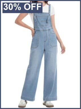Low-Stretch Denim Overalls Women Wide Leg Bib Jean Jumpsuit Casual
